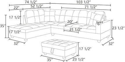 ROOMTEC 3 Piece L Shaped Sectional Sofa Set with Storage Ottoman, Left Facing Chaise Longue, Reversible Backrest w/ 2 Cup Holders, Flannel Tufted Cushions, for Living Room, Blue - LeafyLoom