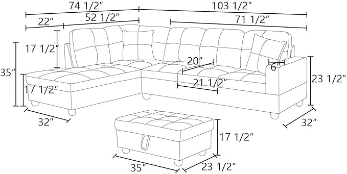 ROOMTEC 3 Piece L Shaped Sectional Sofa Set with Storage Ottoman, Left Facing Chaise Longue, Reversible Backrest w/ 2 Cup Holders, Flannel Tufted Cushions, for Living Room, Blue - LeafyLoom