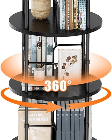 Rotating Bookshelf, 4 Tier Spinning Bookshelf Tower, 360° Display Unique Round Bookcase, Floor Standing Corner Revolving Bookshelf Storage Organizer for Small Spaces, Home Study Office, Black - LeafyLoom