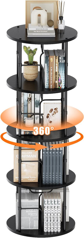 Rotating Bookshelf, 4 Tier Spinning Bookshelf Tower, 360° Display Unique Round Bookcase, Floor Standing Corner Revolving Bookshelf Storage Organizer for Small Spaces, Home Study Office, Black - LeafyLoom