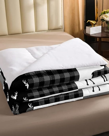 Deer Antler Silhouette Kids Comforter Set Full Size,Geometric Plaids Arrows Boho Bedding Set,Wild Animals Hunting Rustic Adventure Comforter,Camo Black Grey Quilt Set for Boys Girls Room Decor - LeafyLoom