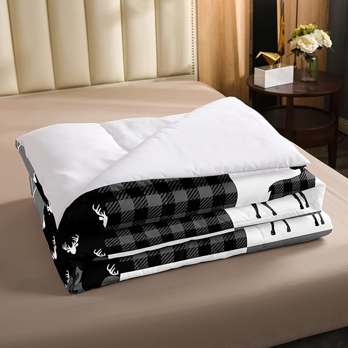Deer Antler Silhouette Kids Comforter Set Full Size,Geometric Plaids Arrows Boho Bedding Set,Wild Animals Hunting Rustic Adventure Comforter,Camo Black Grey Quilt Set for Boys Girls Room Decor - LeafyLoom