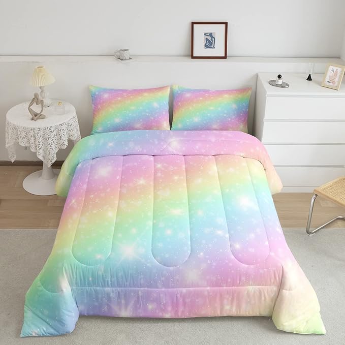 Erosebridal Rainbow Bedding Set for Kids Girls Teens Women Tie Dye Pastel Comforter Set King Size Golden Stars Glitter Bedding Comforter Set Watercolor Art Girly Quilt Set Sweet Bedroom Decor 3 Piece - LeafyLoom