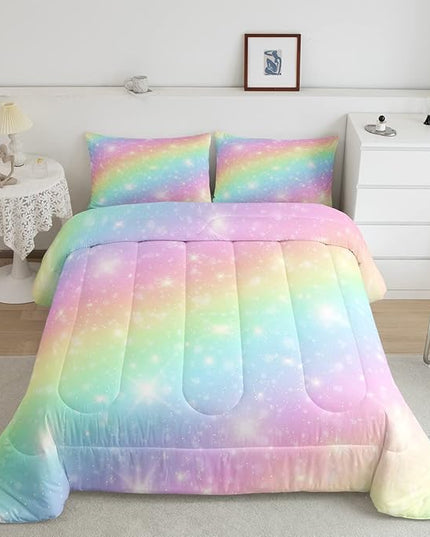 Erosebridal Rainbow Bedding Set for Kids Girls Teens Women Tie Dye Pastel Comforter Set Full Size Golden Stars Glitter Bedding Comforter Set Watercolor Art Girly Quilt Set Sweet Bedroom Decor 3 Piece - LeafyLoom