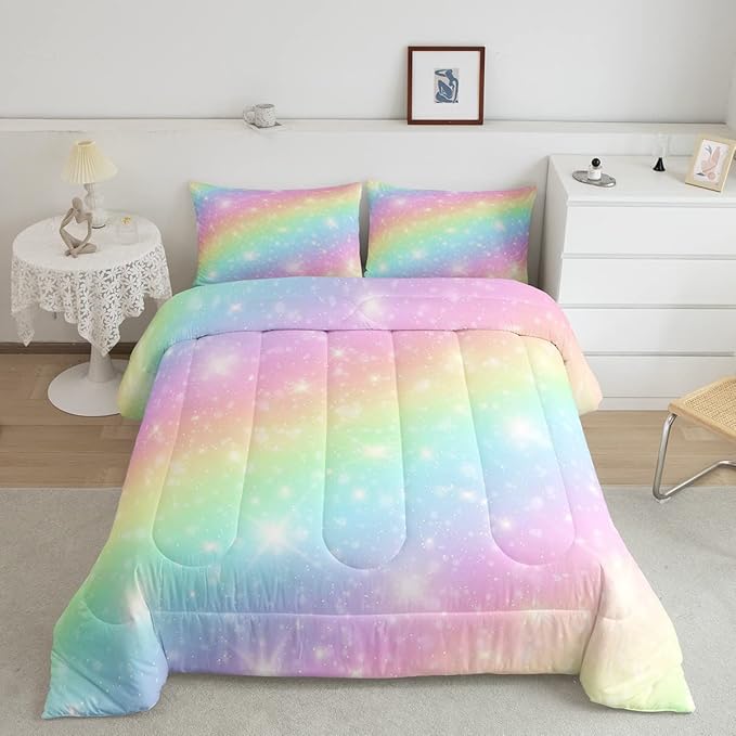 Erosebridal Rainbow Bedding Set for Kids Girls Teens Women Tie Dye Pastel Comforter Set Full Size Golden Stars Glitter Bedding Comforter Set Watercolor Art Girly Quilt Set Sweet Bedroom Decor 3 Piece - LeafyLoom