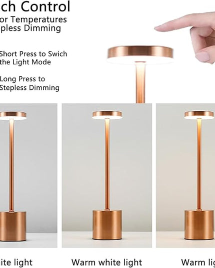 2 Pack Cordless Table Lamp Rechargeable 5000mAh Battery Operated Portable LED Desk Lamp 3 Color Temperature Stepless Dimming for Bedroom Restaurant Coffee Shop Party (Rose Gold) - LeafyLoom