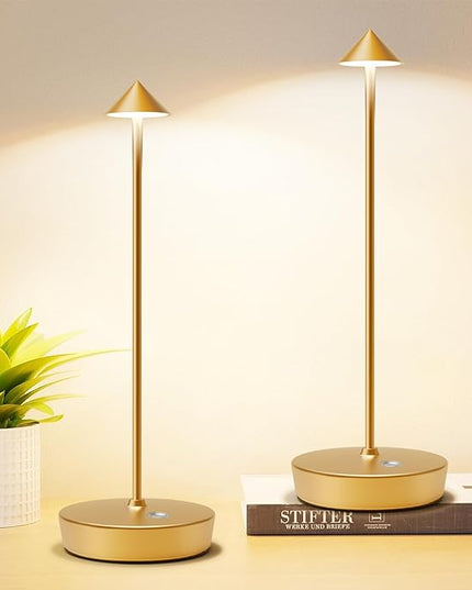 Set of 2 Rechargeable Cordless Table Lamp,6000mAh LED Battery Operated Desk Lamp Touch 3 Color Dimming Portable Outdoor Waterproof Table Light for Patio/Restaurant/Dining/Home(Gold) - LeafyLoom