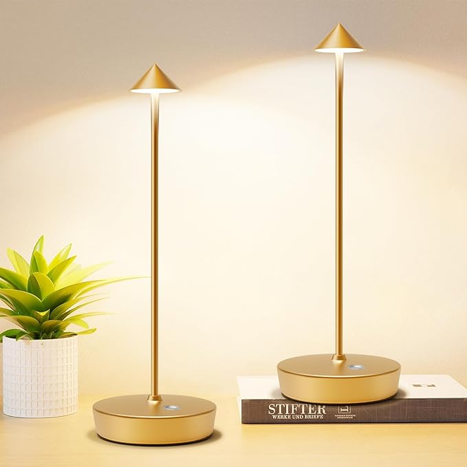 Set of 2 Rechargeable Cordless Table Lamp,6000mAh LED Battery Operated Desk Lamp Touch 3 Color Dimming Portable Outdoor Waterproof Table Light for Patio/Restaurant/Dining/Home(Gold) - LeafyLoom