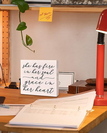 Home Office Desk Wooden Box Sign Decor, Fire in Her Soul and Grace in Her Heart, Inspirational Quotes Desk Decor Motivational Desk Decorations for Women Girls Teens Student Office Classroom School - LeafyLoom