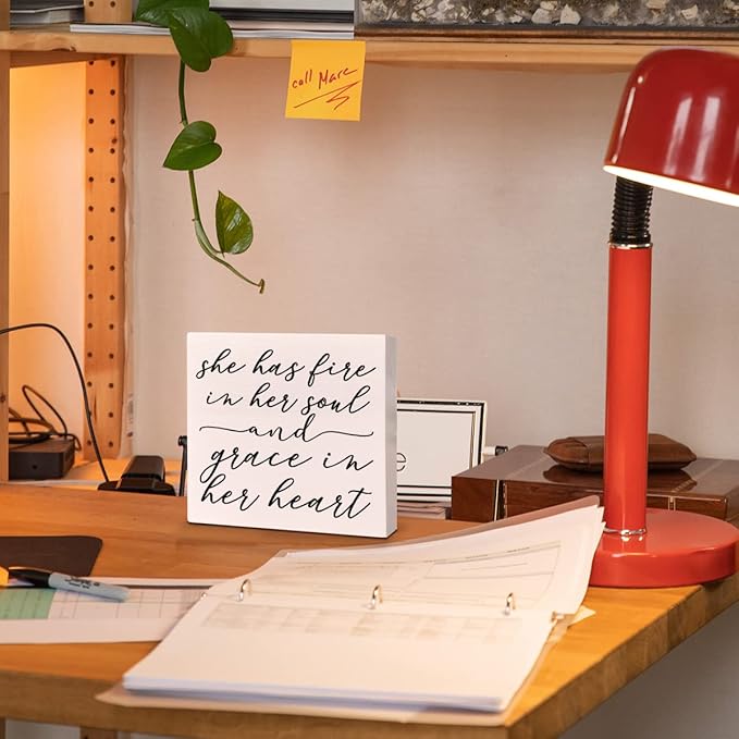 Home Office Desk Wooden Box Sign Decor, Fire in Her Soul and Grace in Her Heart, Inspirational Quotes Desk Decor Motivational Desk Decorations for Women Girls Teens Student Office Classroom School - LeafyLoom