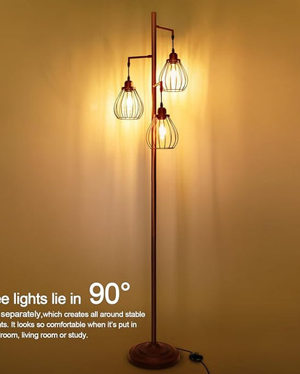 Lakumu Floor Lamp for Living Room, Brown Floor Standing Lamp with 3 Elegant Teardrop Cage Heads & ST58 4W 2700K Edison LED Bulbs, Sturdy Base Tall Vintage Pole Light, Rustic Floor Lamp for Bedroom - LeafyLoom