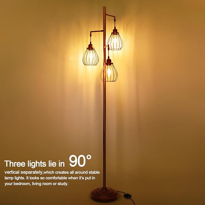 Lakumu Floor Lamp for Living Room, Brown Floor Standing Lamp with 3 Elegant Teardrop Cage Heads & ST58 4W 2700K Edison LED Bulbs, Sturdy Base Tall Vintage Pole Light, Rustic Floor Lamp for Bedroom - LeafyLoom