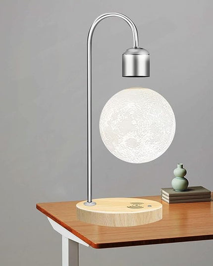 Unique Modern Levitating Moon Lamp with Built-in Qi Wireless Charger, Simplistic and Innovative Design, Warm Decorative LED Light for Home and Office (Silver) - LeafyLoom