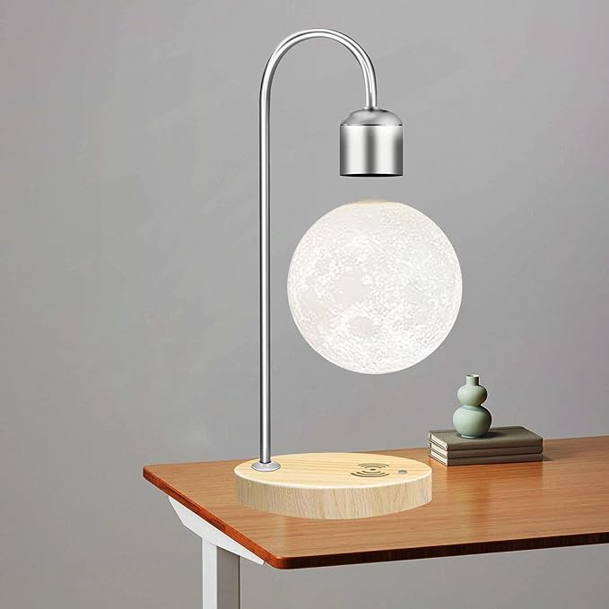 Unique Modern Levitating Moon Lamp with Built-in Qi Wireless Charger, Simplistic and Innovative Design, Warm Decorative LED Light for Home and Office (Silver) - LeafyLoom