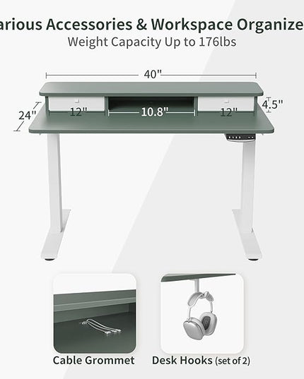 FEZIBO 40 x 24 Inch Height Adjustable Electric Standing Desk with Double Drawer, Stand Up Desk with Storage Shelf, Sit Stand Desk, Green - LeafyLoom