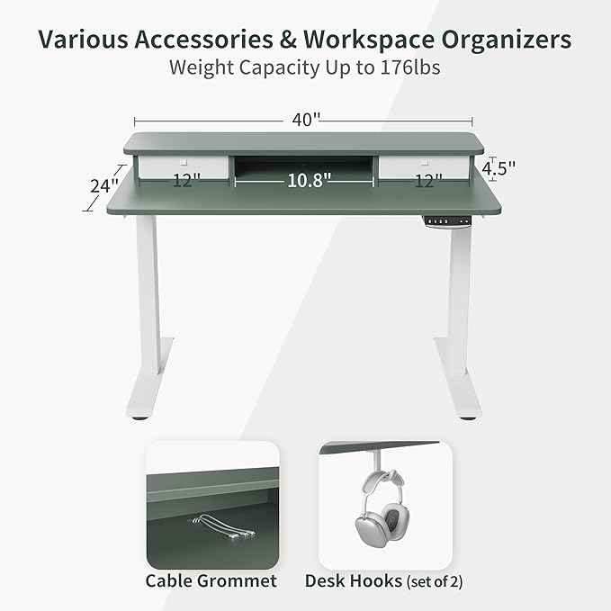 FEZIBO 40 x 24 Inch Height Adjustable Electric Standing Desk with Double Drawer, Stand Up Desk with Storage Shelf, Sit Stand Desk, Green - LeafyLoom