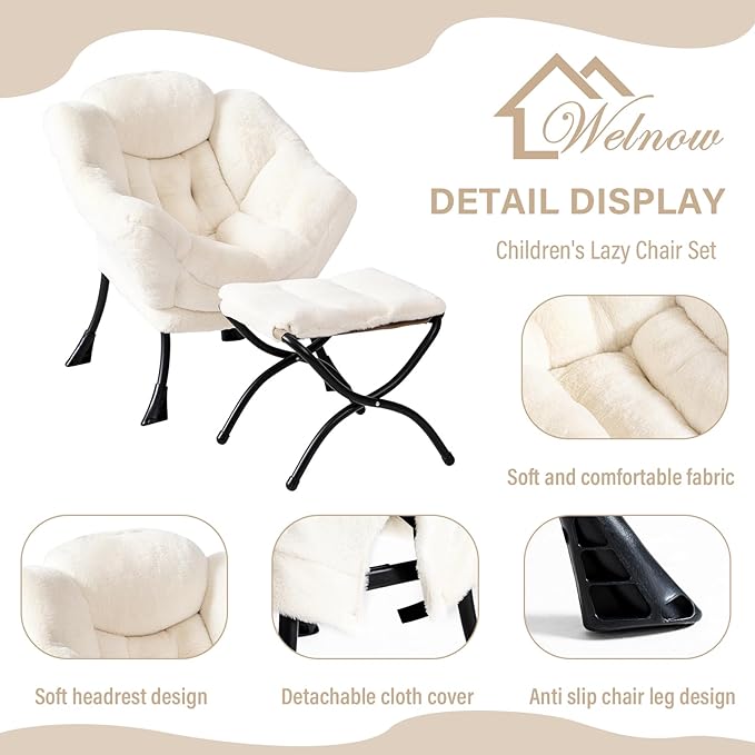 Welnow Toddler Kids Lazy Chair with Ottoman, Accent Comfy Lounge Children Armchair Couch with Armrest and Removable Cover, Detachable Reading Chair with Footrest for Boy or Girl, Plush Beige - LeafyLoom