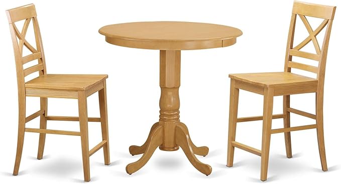 East West Furniture JAQU3-OAK-W 3 Piece Counter Height Dining Set for Small Spaces Contains a Round Wooden Table with Pedestal and 2 Kitchen Chairs, 36x36 Inch, Oak - LeafyLoom