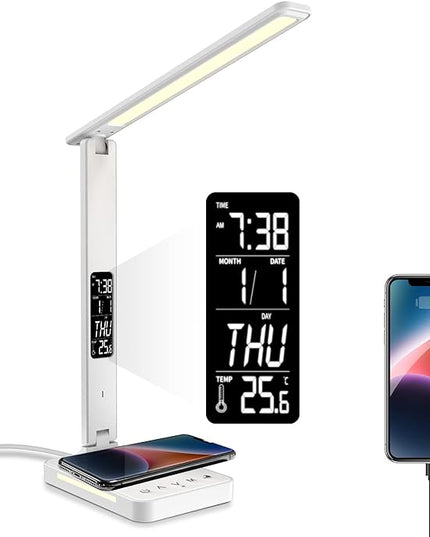 poukaran Desk Lamp, LED Desk Lamp with Wireless Charger, USB Charging Port, Table Lamp with Night Light, Desk Lights with Clock, Alarm, Date and Temperature, White - LeafyLoom
