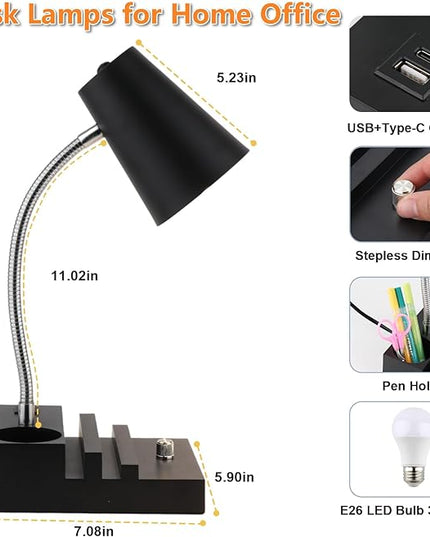 Study Desk Lamp with USB Charging and Type-C Night Light, Gooseneck LED Table Lamp Stepless Dimming Study Table Lamp with Pen Holder for College Dorm Bedroom and Office (Black) - LeafyLoom