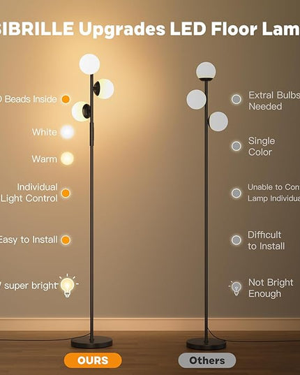 LED Floor Lamp for Living Room, 3 Globe Bright Standing Lamp with Remote, 4 Color Temterapure Dimmable Bedroom Lamp Modern Floor Lamp Tall Lamp for Bedroom/Office, 24W, 2700-6500K, Black - LeafyLoom
