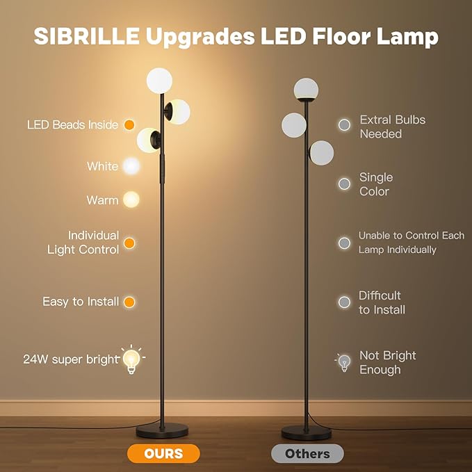 LED Floor Lamp for Living Room, 3 Globe Bright Standing Lamp with Remote, 4 Color Temterapure Dimmable Bedroom Lamp Modern Floor Lamp Tall Lamp for Bedroom/Office, 24W, 2700-6500K, Black - LeafyLoom