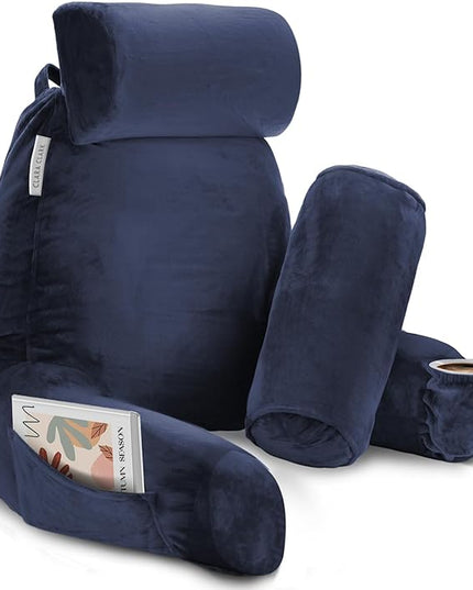 Clara Clark Reading Pillow, Large Back Pillow for Sitting Up in Bed, Memory Foam Back Support Pillow, Reading Pillows for Sitting in Bed Adult, Navy Blue Sit Up Pillow for Bed with Arms and Pockets - LeafyLoom