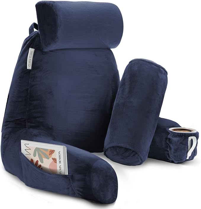Clara Clark Reading Pillow, Large Back Pillow for Sitting Up in Bed, Memory Foam Back Support Pillow, Reading Pillows for Sitting in Bed Adult, Navy Blue Sit Up Pillow for Bed with Arms and Pockets - LeafyLoom