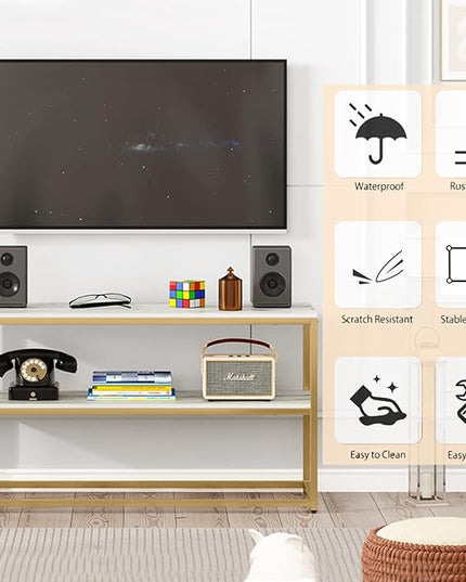 Function Home TV Stand for TVs up to 50 Inch, 3 Tier Entertainment Center, Modern TV Cabinet with Marble Top and Gold Metal Base, 42" Media Console Table with Storage for Living Room Bedroom - LeafyLoom
