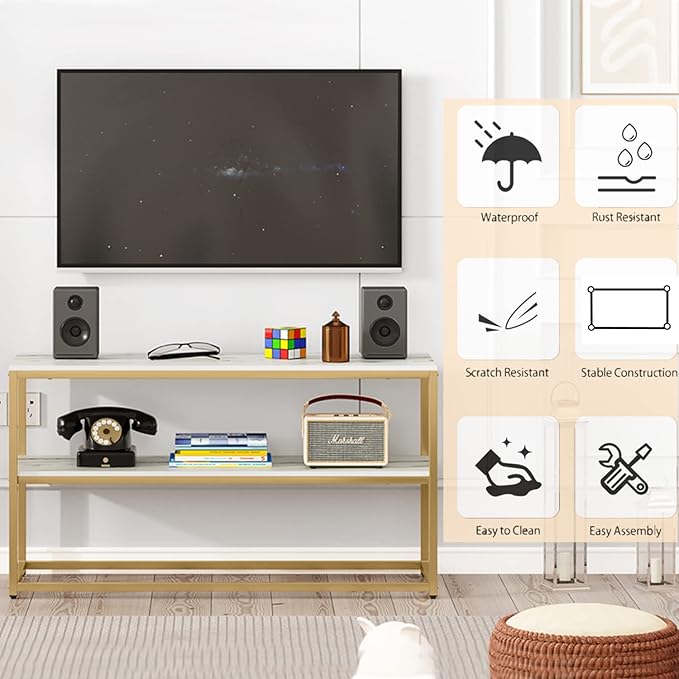 Function Home TV Stand for TVs up to 50 Inch, 3 Tier Entertainment Center, Modern TV Cabinet with Marble Top and Gold Metal Base, 42" Media Console Table with Storage for Living Room Bedroom - LeafyLoom