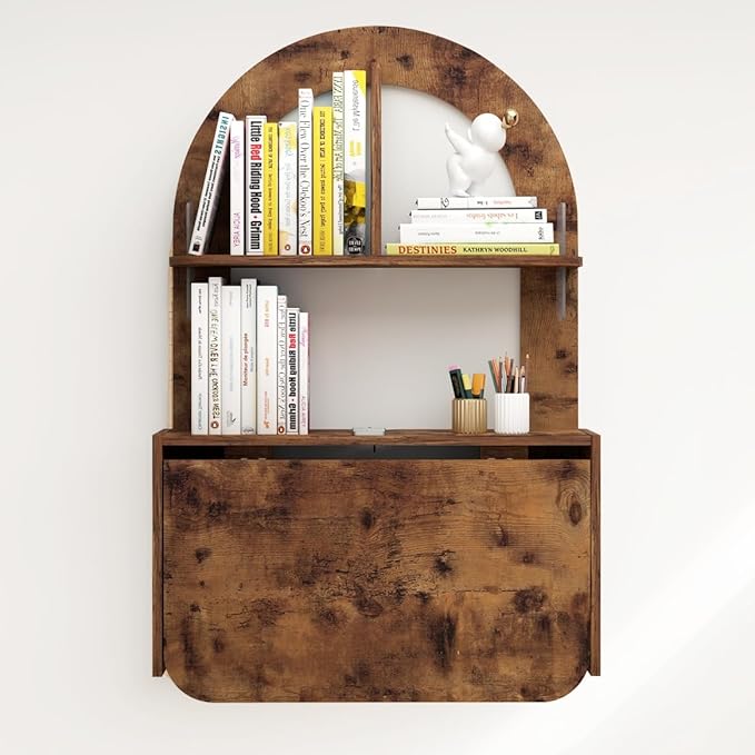 Wall Mounted Drop-Leaf Table, Floating Laptop Desk, Folding Table with Shelves, Multifunctional Computer Workstation Storage Compartments in Home Office for Space Saving (Rustic Brown) - LeafyLoom
