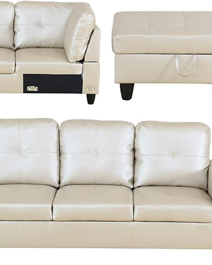 L Shaped Sofa with Ottoman Modern Sectional Living Room, Bedroom, Office, L Couch Glistening White - LeafyLoom
