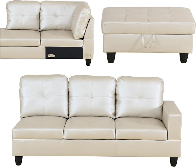 L Shaped Sofa with Ottoman Modern Sectional Living Room, Bedroom, Office, L Couch Glistening White - LeafyLoom