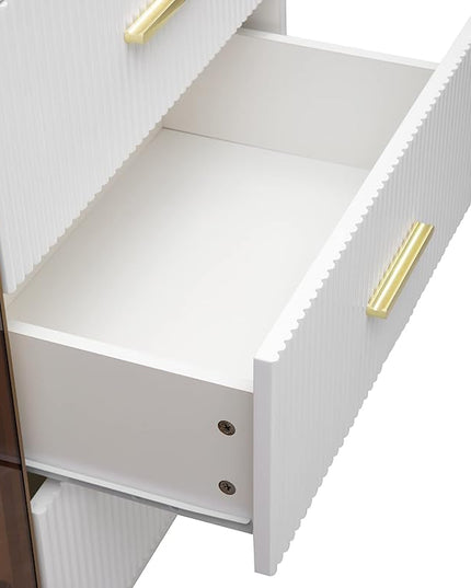Modern Sideboard MDF with Marble Sticker Tabletop and Amber-Yellow Tempered Glass Doors,Freestanding Buffet Storage Cabinet,W/Gold Metal Legs & Handles,for Dining Room,Kitchen,White, 60" - LeafyLoom