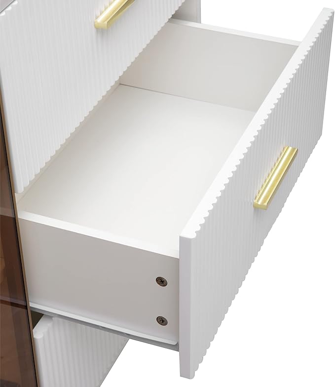 Modern Sideboard MDF with Marble Sticker Tabletop and Amber-Yellow Tempered Glass Doors,Freestanding Buffet Storage Cabinet,W/Gold Metal Legs & Handles,for Dining Room,Kitchen,White, 60" - LeafyLoom