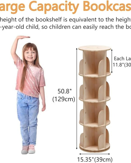 4 Tier Rotating Bookshelf, 360 Display Spinning Bookshelf, Rotating Bookcase for Kids&Adults, Wood Bookshelf for Bedroom, Living Room, Study Room - LeafyLoom