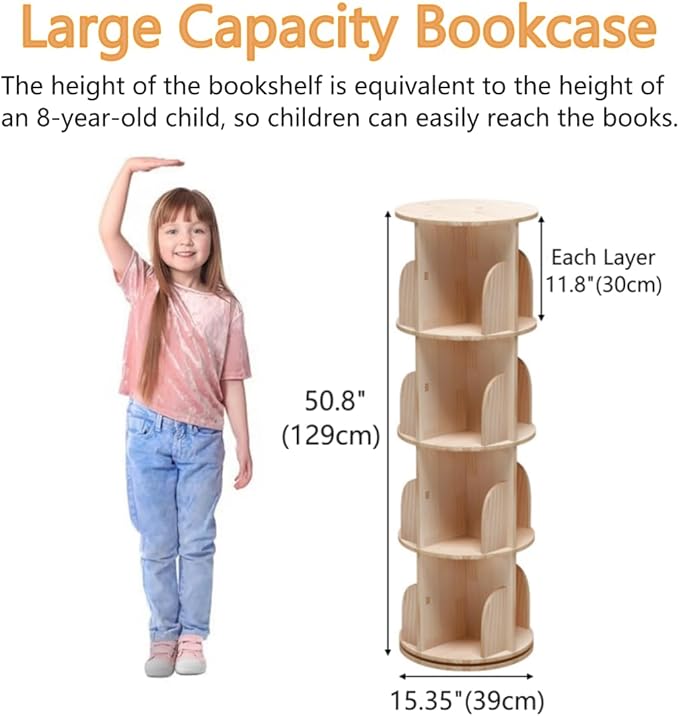 4 Tier Rotating Bookshelf, 360 Display Spinning Bookshelf, Rotating Bookcase for Kids&Adults, Wood Bookshelf for Bedroom, Living Room, Study Room - LeafyLoom