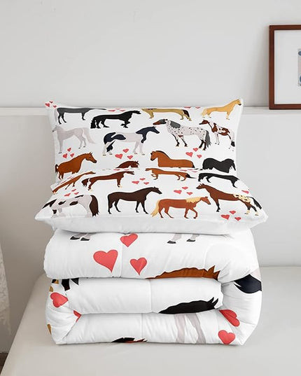 Galloping Horse Comforter Set Full Farm Bedding Set Kids Boys Girls Teens Cute Safari Animal Duvet Set Cartoon Horses with Pink Lover Heart Decor Kawaii Lightweight Cowboy Cowgirls Down Comforter - LeafyLoom