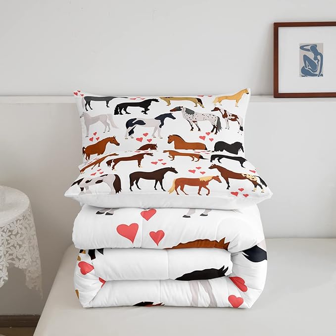 Galloping Horse Comforter Set Full Farm Bedding Set Kids Boys Girls Teens Cute Safari Animal Duvet Set Cartoon Horses with Pink Lover Heart Decor Kawaii Lightweight Cowboy Cowgirls Down Comforter - LeafyLoom