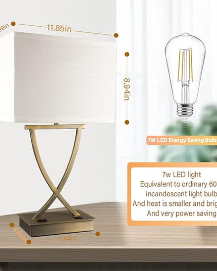 3-Way Dimmable Touch Control Medium Table Lamp with Type C/USB Charging Port and 1 AC Outlet White Shade 21.38" Bedside Nightstand Lamp for Bedroom Living Room Office and Hotel Bulb Included - LeafyLoom