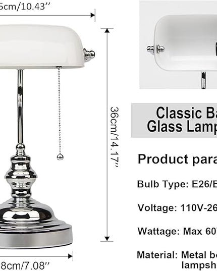 FIRVRE Bankers Lamp White Shade, Bankers Desk Lamp Library Lamp with Pull Chain, Vintage Desk Lamp for Office, Study Room - LeafyLoom