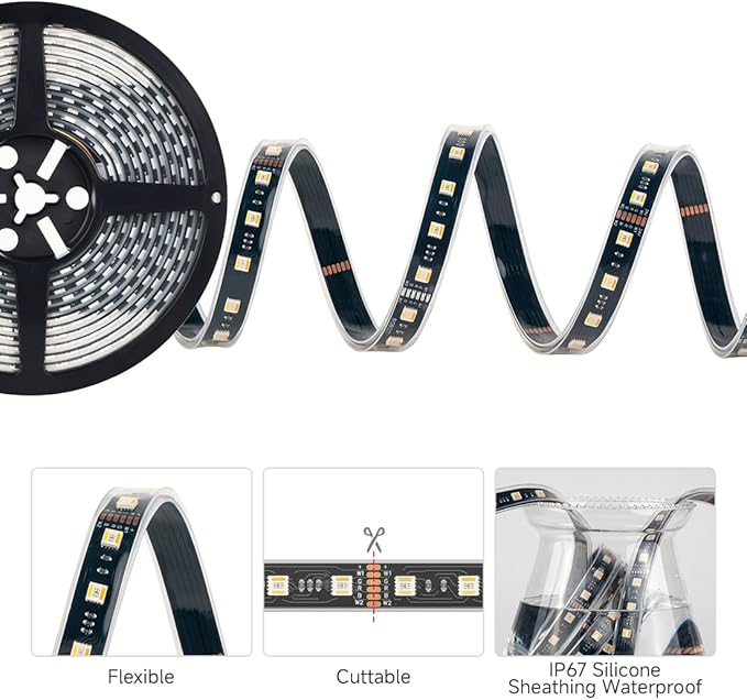 BTF-LIGHTING RGBCCT 5 Colors in 1 LED 5050SMD RGBWW RGB+Dimmable Tunable Color Temperature 2700K-6500K 16.4ft 60LEDs/m 300LEDs DC12V Multi-Colored Lights IP67 for Decoration(No Adapter or Controller) BTF-LIGHTING