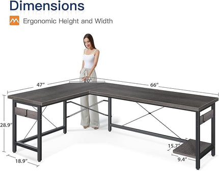 Coleshome 66" L Shaped Gaming Desk, Corner Computer Desk, Sturdy Home Office Computer Table, Writing Desk, Larger Gaming Desk Workstation, Grey Oak - LeafyLoom