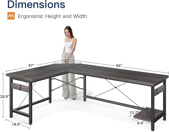 Coleshome 66" L Shaped Gaming Desk, Corner Computer Desk, Sturdy Home Office Computer Table, Writing Desk, Larger Gaming Desk Workstation, Grey Oak - LeafyLoom