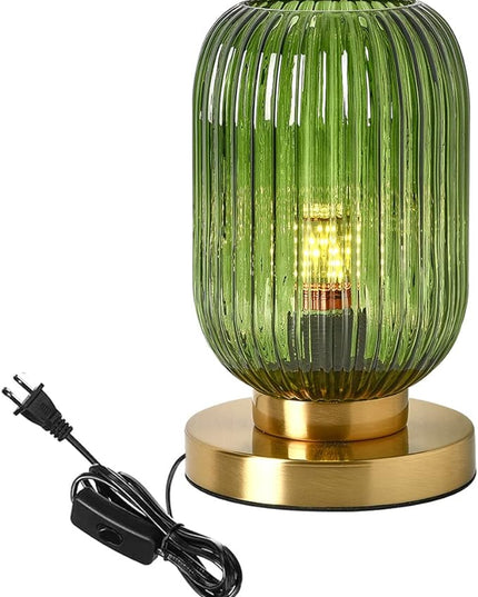Glass Table Lamps Mid Century Modern Globe Table lamp Gold Desk lamp nightstand lamp with Green Pumpkin Design Ribbed Glass Bedside Table Lamp for Bedroom Living Room Office - LeafyLoom