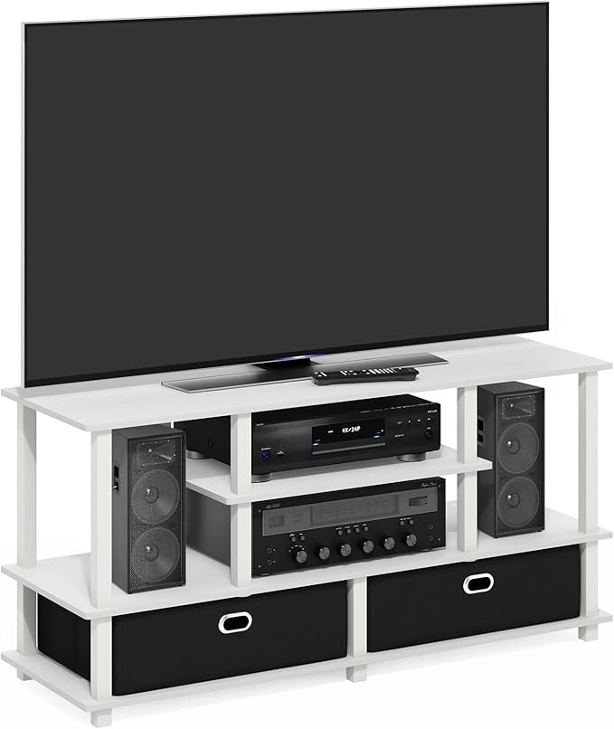 Furinno Jaya Large Lifestyle TV Stand, 55 Inch, White/White/Black - LeafyLoom