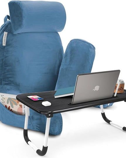 Clara Clark Reading Pillow with Portable Lap Desk for laptop Set, Back Pillow for Sitting Up in Bed, Memory Foam Back Support Pillow, Bed Rest Pillow with Foldable Laptop Desk, Large - Blue Heaven - LeafyLoom