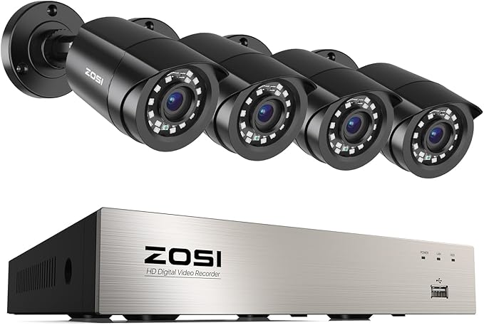 ZOSI 3K Lite Security Camera System Indoor Outdoor,AI Human/Vehicle Detection,Night Vision,Remote Access,4pcs 1080P 1920TVL Weatherproof Surveillance Cameras,H.265+ 8CH CCTV DVR(NO HDD) ZOSI