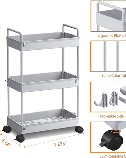 Ronlap 3 Tier Classic Storage Rolling Cart, Slim Storage Cart with Wheels Slide Out Storage Rolling Cart Organizer Plastic Utility Carts for Bathroom Laundry Room Kitchen Office Narrow Place, Grey - LeafyLoom