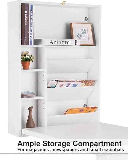 LUARANE Wall Mounted Table, Foldable Multiple-purpose Desk, Fold Out Wood Convertible Writing Desk Bookshelf Cabinet, Large Storage Space, Ideal for Home Office Study (White) - LeafyLoom